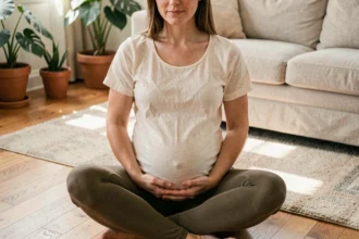 Femme enceinte pratiquant la méditation et la relaxation à domicile pour réduire le stress pendant la grossesse