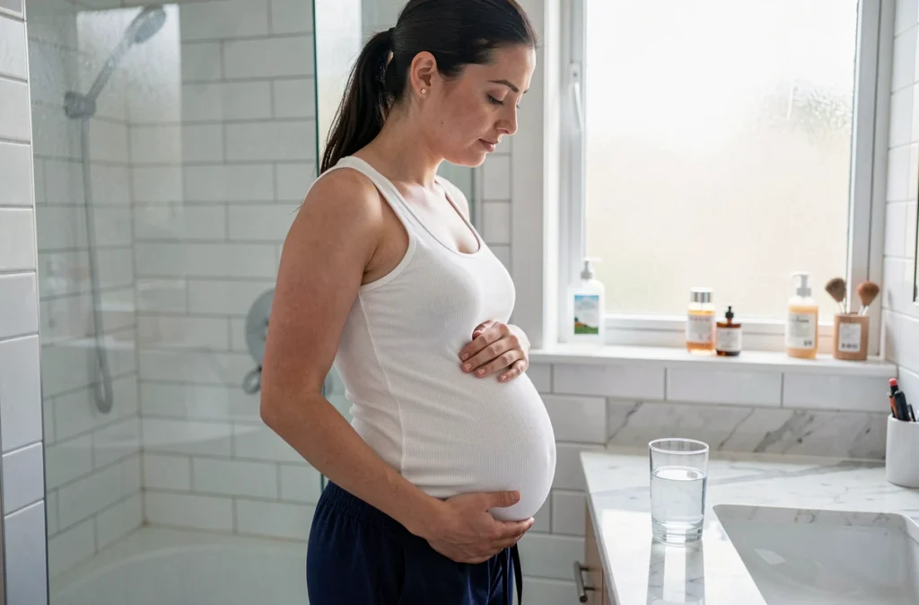 Femme enceinte dans une salle de bain moderne tenant son bas-ventre, verre d'eau posé sur le plan vasque en marbre