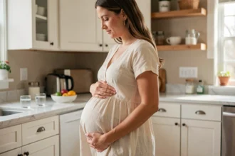 Femme enceinte au troisième trimestre de grossesse tenant son ventre rond dans une cuisine lumineuse
