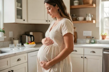 Femme enceinte au troisième trimestre de grossesse tenant son ventre rond dans une cuisine lumineuse