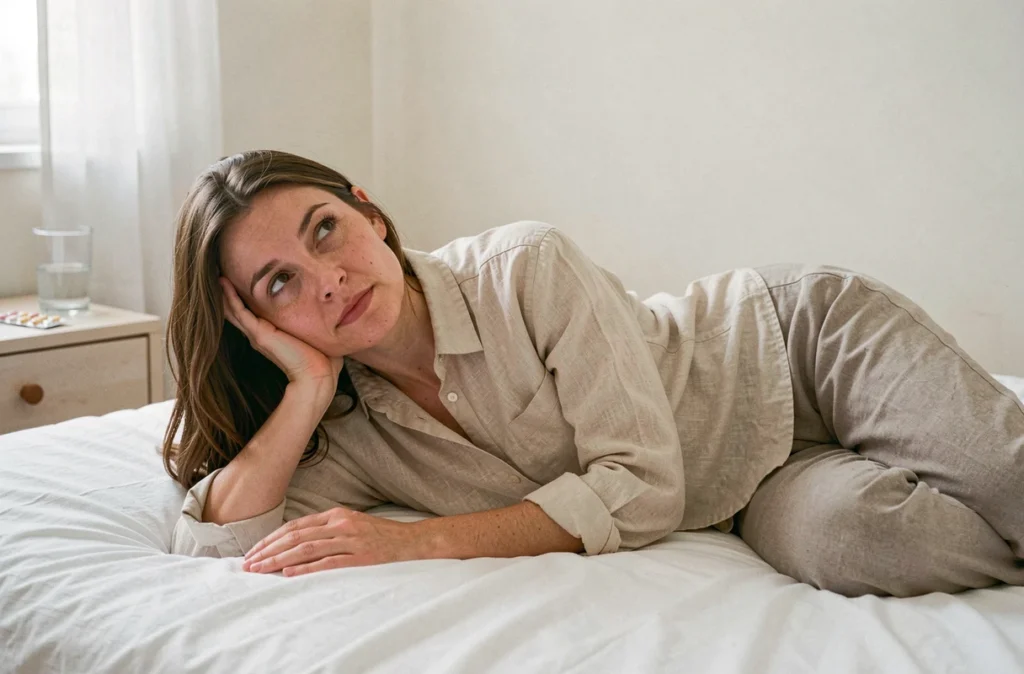 Femme allongée dans sa chambre épuisée par la douleur chronique de la fibromyalgie au quotidien