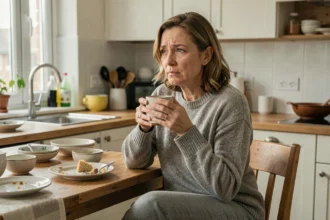 Femme fatiguée atteinte de sclérose en plaques assise dans sa cuisine le matin, tenant une tasse de café, regard perdu dans le vague