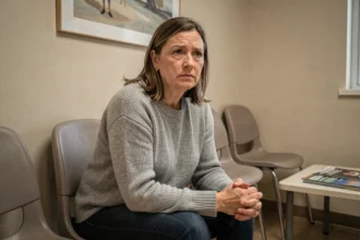 Femme fatiguée dans une salle d'attente médicale illustrant le parcours difficile du diagnostic de la fibromyalgie
