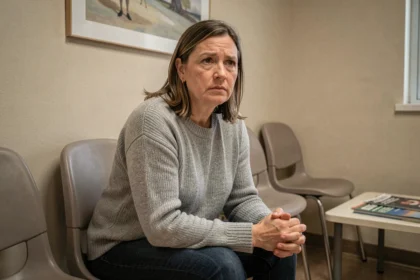 Femme fatiguée dans une salle d'attente médicale illustrant le parcours difficile du diagnostic de la fibromyalgie