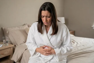 Femme en robe blanche assise sur un lit, les mains sur l'abdomen, exprimant une gêne liée à une infection urinaire