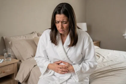 Femme en robe blanche assise sur un lit, les mains sur l'abdomen, exprimant une gêne liée à une infection urinaire