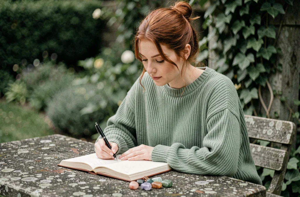 Jeune femme écrivant dans un journal entourée de pierres de cristal dans un jardin pour un auto-test spirituel