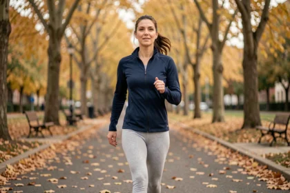Femme en tenue de sport marchant rapidement dans un parc urbain en automne pour stimuler son métabolisme