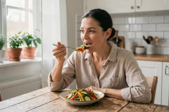 Femme mangeant lentement et consciemment une salade colorée dans une cuisine scandinave lumineuse, illustrant la mastication lente pour réguler l'appétit
