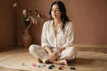 Femme en méditation entourée de pierres précieuses colorées pour découvrir sa pierre de vie