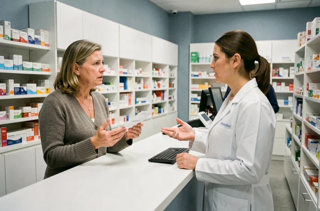 Une femme consultant une pharmacienne en pharmacie pour traiter une infection urinaire récidivante
