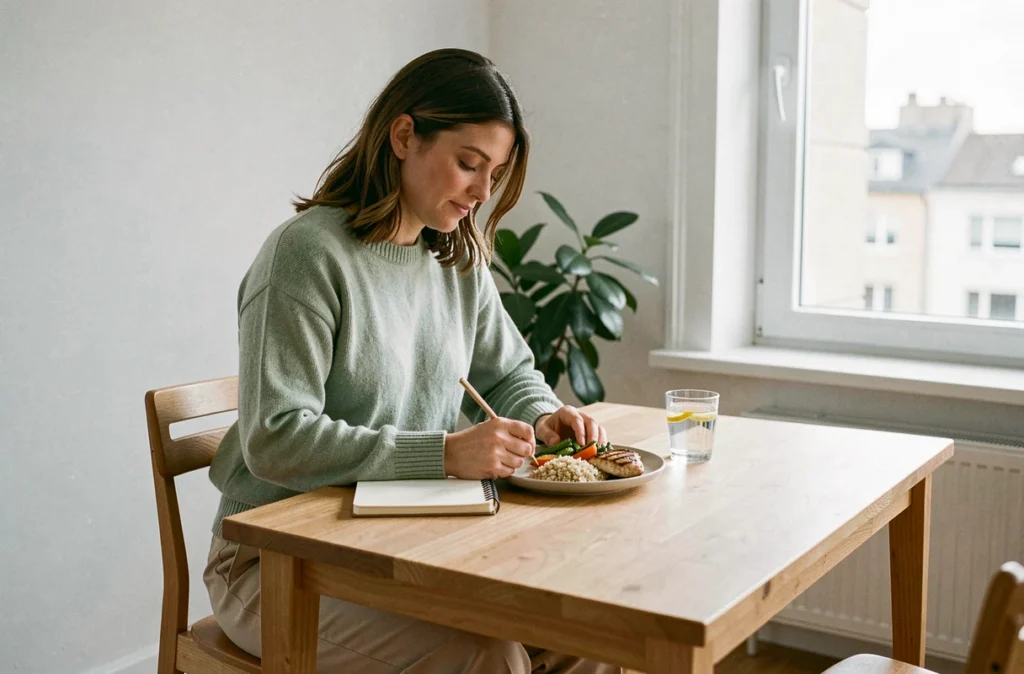 Femme planifiant son alimentation saine à la maison avec un repas équilibré sans sucre raffiné