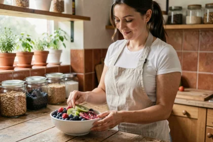 Femme préparant un bol de fruits frais dans une cuisine naturelle pour réduire le sucre raffiné
