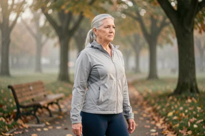 Femme senior de 70 ans faisant des étirements dans un parc en automne pour préserver son autonomie physique
