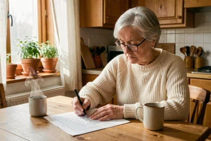 Femme senior faisant des mots croisés à la table de cuisine pour stimuler sa mémoire au quotidien