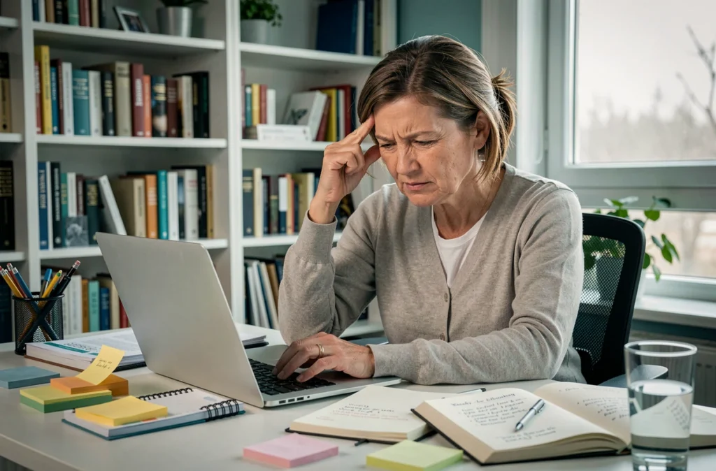 Femme souffrant de troubles cognitifs liés à la sclérose en plaques concentrée devant son ordinateur dans un bureau à domicile