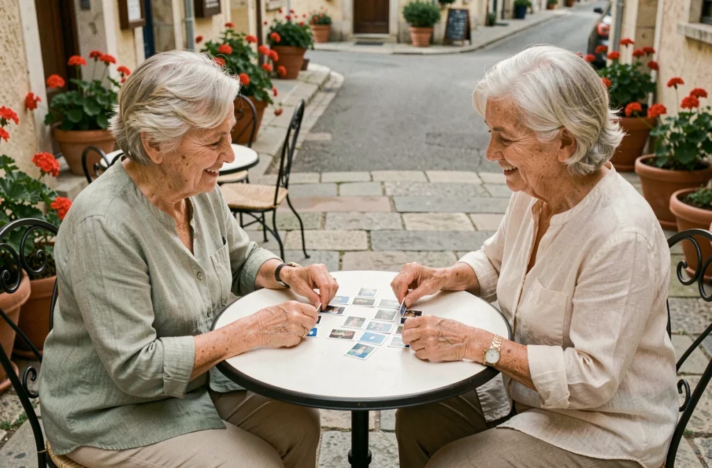 Deux femmes âgées jouant à un jeu de mémoire en plein air pour stimuler leurs capacités cognitives