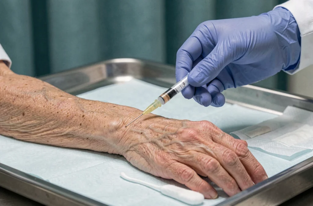 Gros plan d'une infirmière préparant une injection vaccinale sur le bras d'une personne âgée
