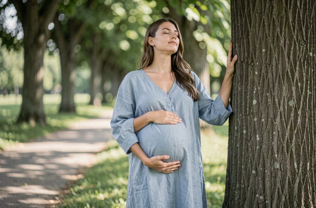 Femme enceinte debout dans un parc les yeux fermés, main posée sur le ventre, symbolisant la connexion émotionnelle prénatale entre mère et bébé