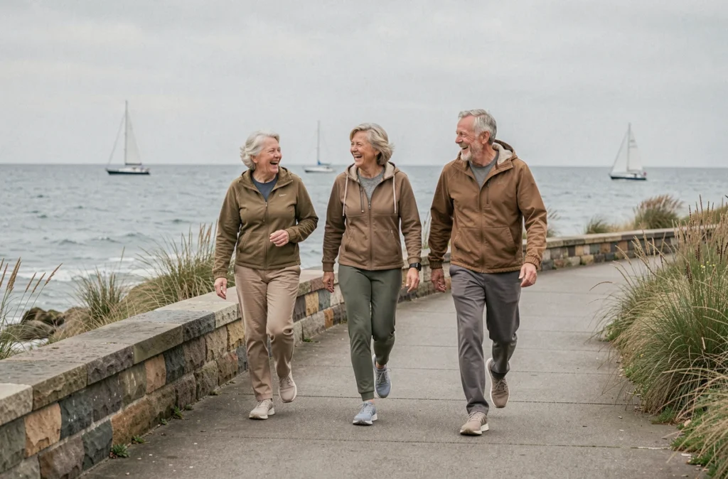 Groupe de seniors marchant ensemble sur une promenade côtière, illustrant les bénéfices de l'activité physique régulière après 65 ans