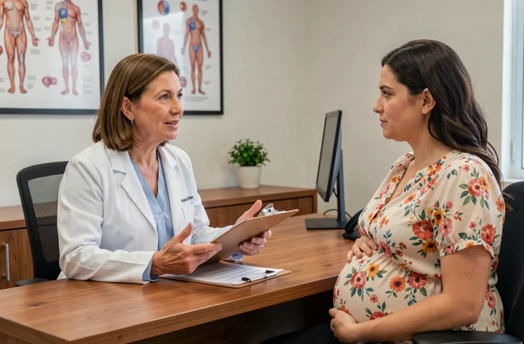 Gynécologue en blouse blanche consultant une patiente enceinte dans un bureau médical, échange sur les infections urinaires pendant la grossesse