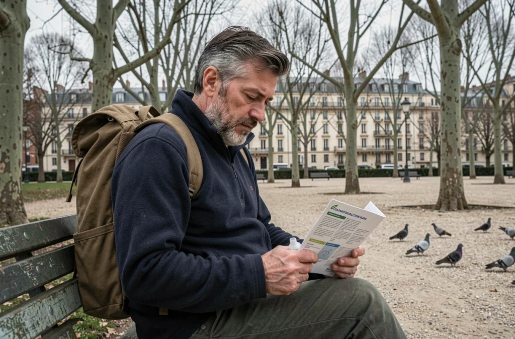 Homme adulte asthmatique consultan un plan de gestion de l'asthme dans un parc urbain français en automne