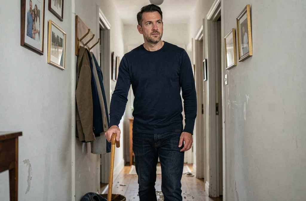Homme atteint de sclérose en plaques marchant avec une canne dans le couloir de son domicile, expression déterminée