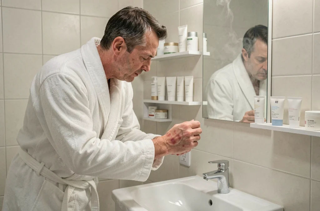 Homme examinant une plaque d'eczéma sur sa main dans la salle de bain