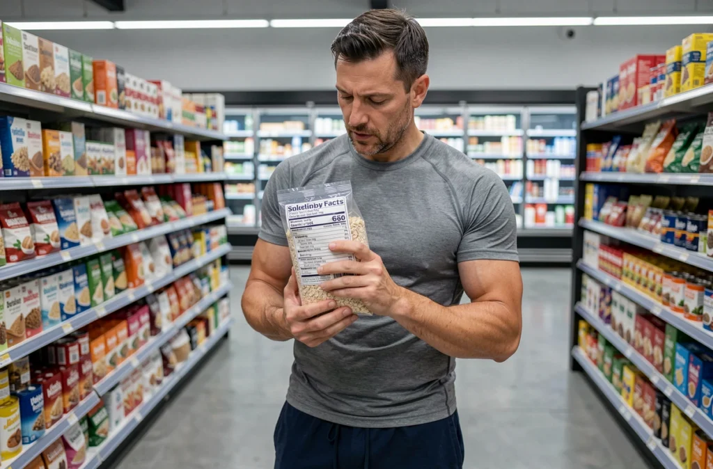 Homme lisant l'étiquette nutritionnelle d'un produit riche en fibres dans un supermarché