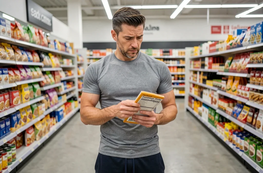 Homme lisant une étiquette nutritionnelle en supermarché pour éviter le sucre raffiné