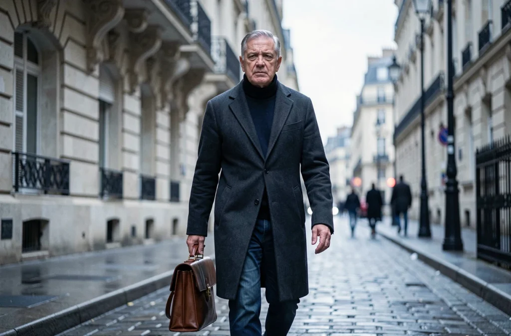 Homme en manteau sombre marchant d'un pas déterminé sur un trottoir pavé parisien, expression concentrée, ambiance urbaine hivernale