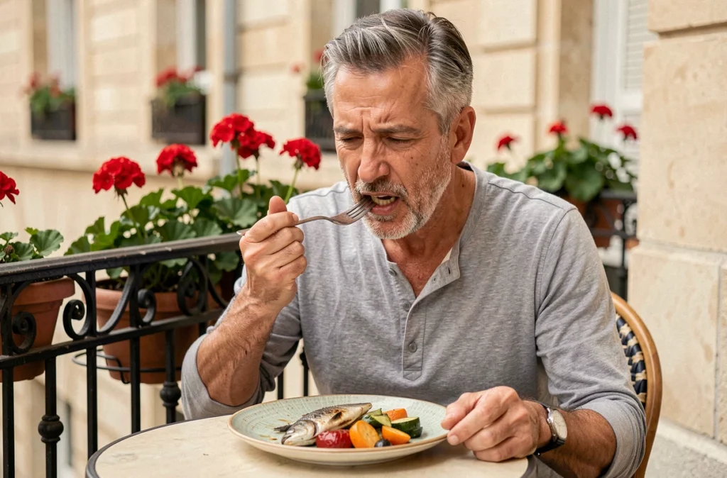 Homme d'âge mûr mangeant lentement sur une terrasse parisienne, savourant un repas équilibré pour favoriser la satiété et réguler l'appétit