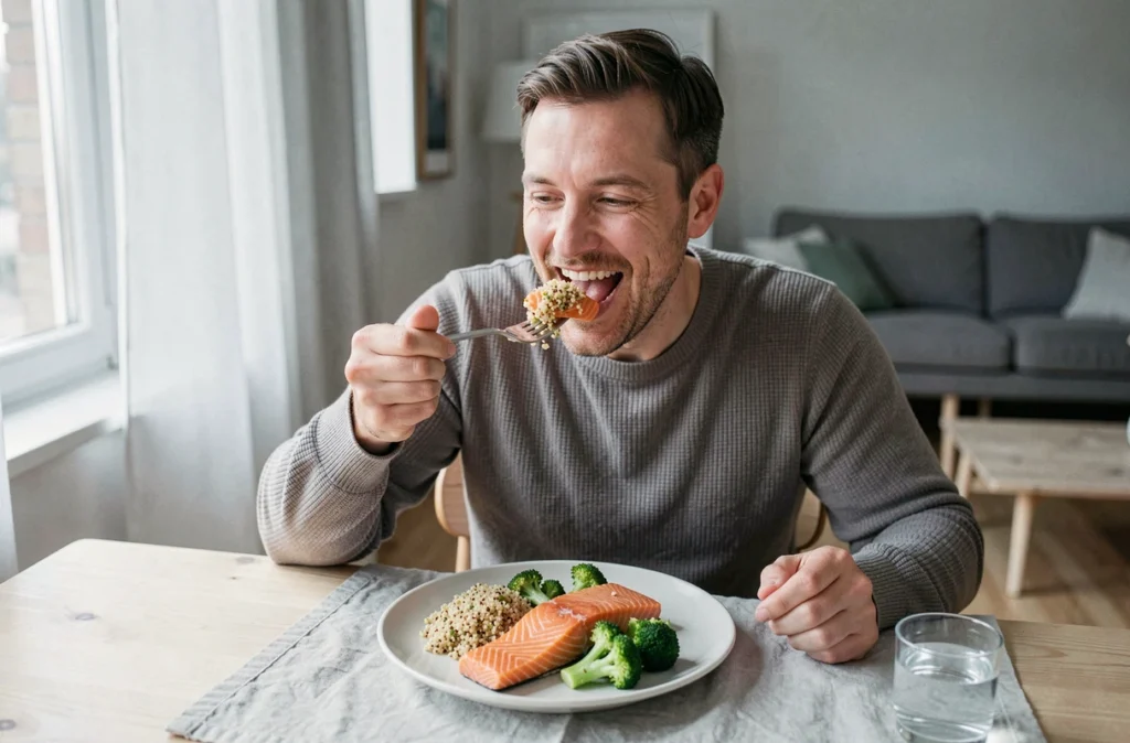 Homme mangeant un repas équilibré riche en protéines avec saumon, quinoa et brocoli dans un appartement épuré