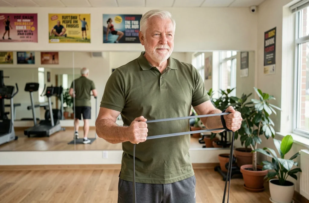 Homme senior de 68 ans utilisant une bande de résistance dans une salle de fitness communautaire pour maintenir sa force musculaire