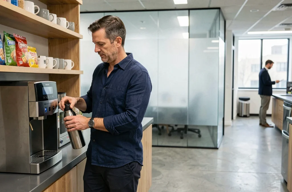 Homme remplissant une gourde d'eau au bureau pour maintenir une bonne hydratation et contrôler l'appétit