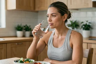 Femme buvant un verre d'eau avant un repas équilibré pour contrôler la faim et gérer son poids