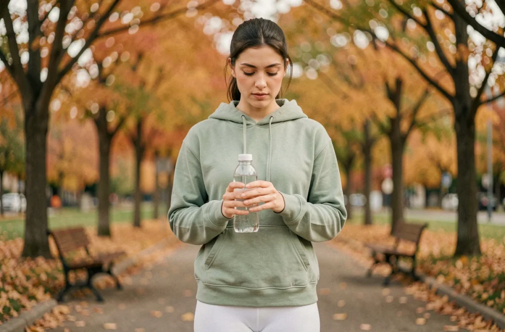Jeune femme s'hydratant après une course à pied dans un parc pour réguler l'appétit et favoriser la gestion du poids