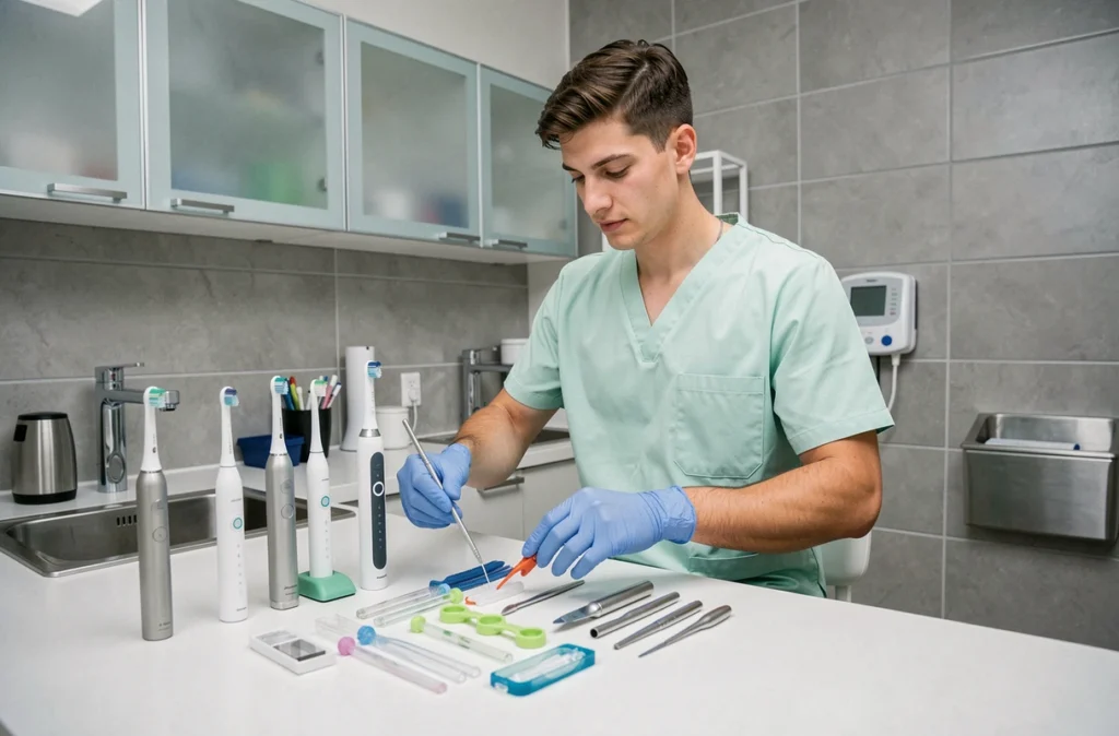 Hygiéniste dentaire organisant des outils d'hygiène bucco-dentaire modernes dans un cabinet dentaire contemporain