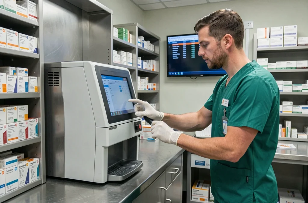 Infirmier masculin utilisant un système automatisé de distribution de médicaments dans une pharmacie hospitalière