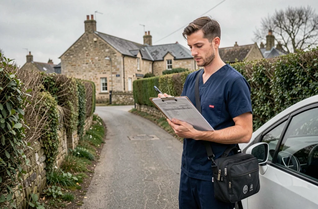 Infirmier à domicile consultant son planning de soins au bord d'une route de campagne en territoire rural