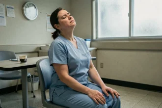 Infirmière épuisée faisant une pause dans une salle de repos d'hôpital, illustrant le stress des professionnels de santé
