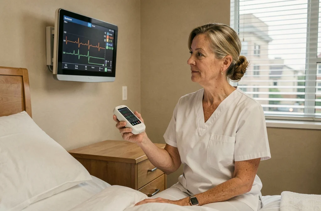 Infirmière senior surveillant les constantes vitales d'un patient grâce à un moniteur connecté dans une chambre d'hôpital