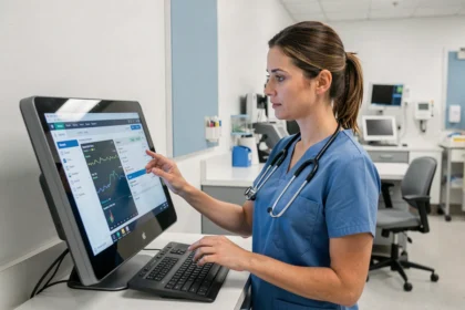 Infirmière utilisant une tablette numérique pour consulter des dossiers médicaux électroniques dans un service hospitalier moderne