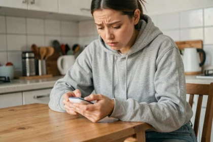 Jeune femme vérifiant sa glycémie avec un lecteur de glycémie dans sa cuisine, illustrant les complications du diabète chez les jeunes adultes