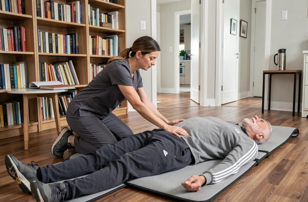 Kinésithérapeute réalisant une séance de rééducation lombaire sur tapis portable dans le salon d'un patient