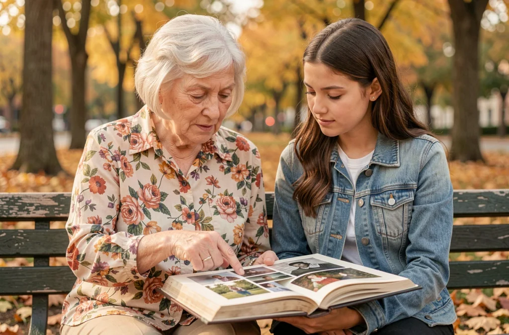 Une grand-mère et sa petite-fille partageant des souvenirs autour d'un album photo dans un parc en automne, évoquant l'impact positif des liens familiaux intergénérationnels sur la santé mentale des personnes âgées