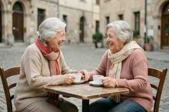 Deux femmes âgées partageant un moment de convivialité autour d'un thé en terrasse, illustrant l'importance du lien social pour la santé mentale des seniors