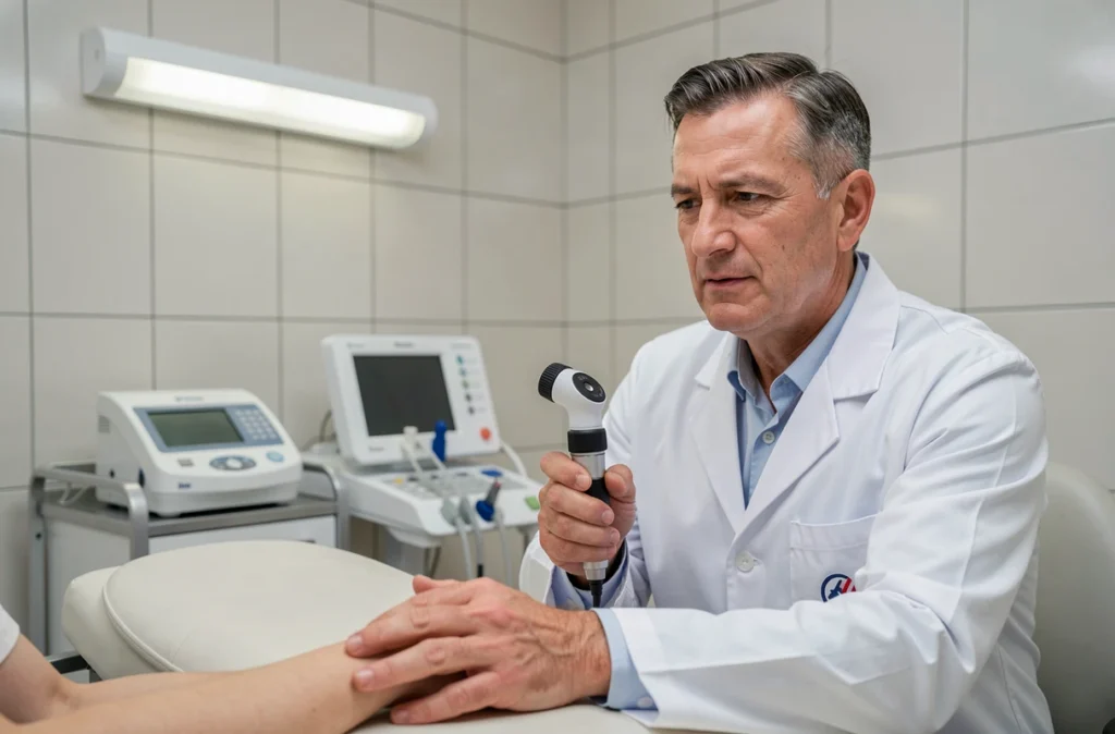 Dermatologue homme examinant la peau d'un patient avec un dermatoscope dans un cabinet à Caen, représentant Marc Payeur