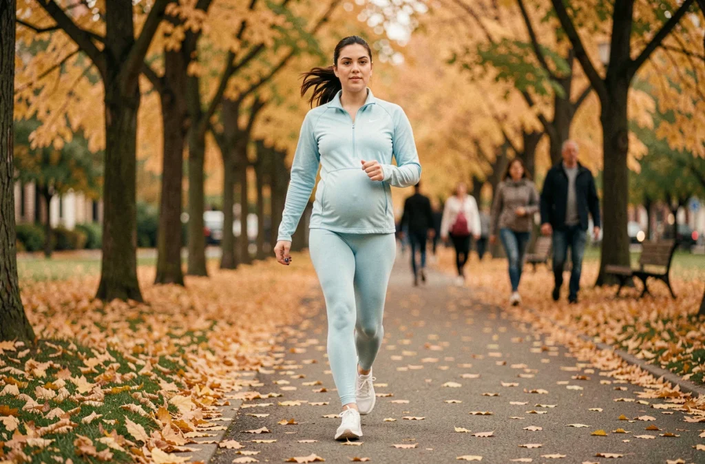 Femme enceinte marchant dans un parc en automne, activité physique adaptée et douce recommandée pendant la grossesse