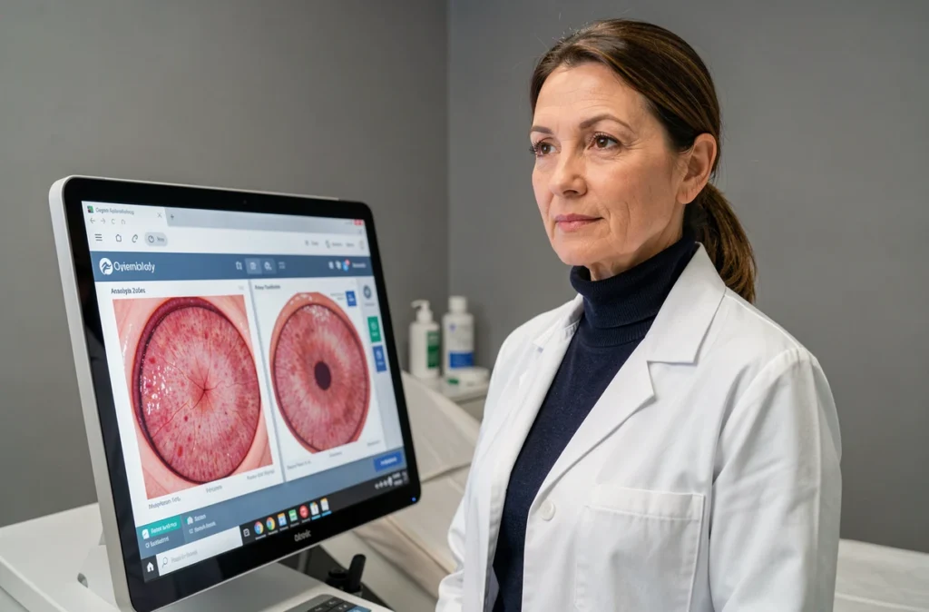 Dermatologue analysant des images de peau sur écran numérique dans un cabinet moderne à Caen, représentant Marie-Clarté Villey Desjonquères